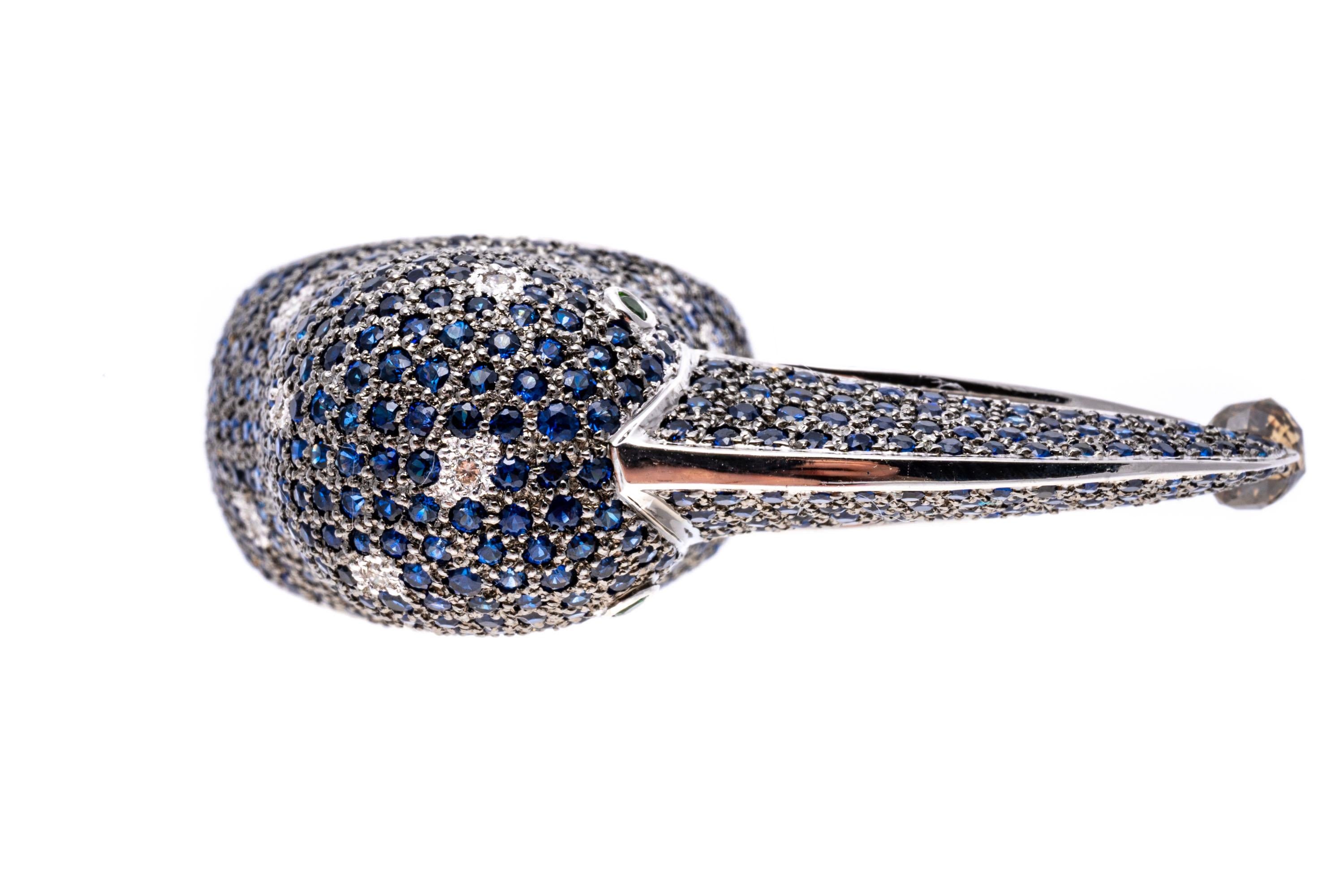 Contemporary 18k White Gold Pave Sapphire Toucan Ring, App. 4.38 TCW, With Diamonds For Sale
