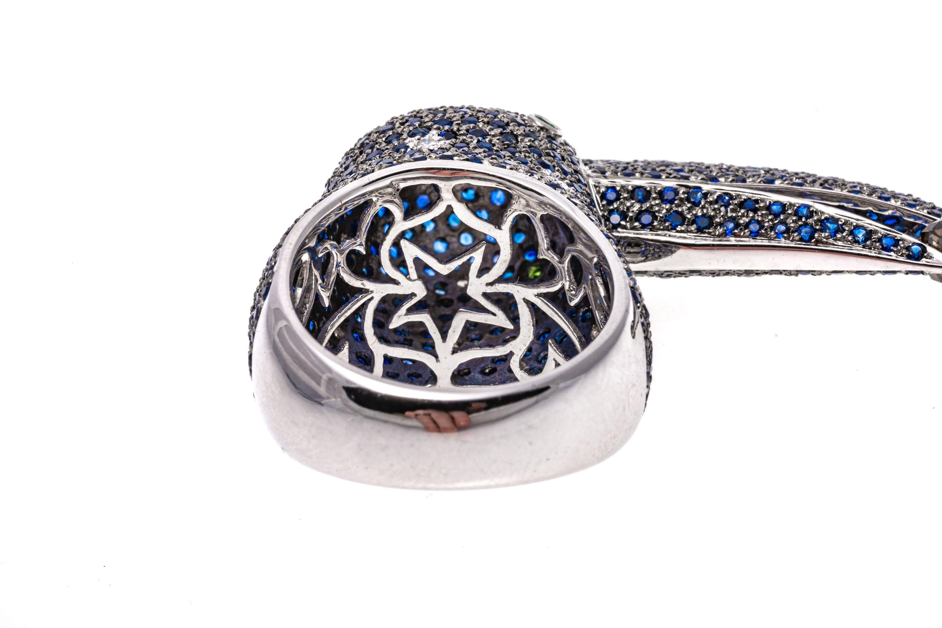 Women's 18k White Gold Pave Sapphire Toucan Ring, App. 4.38 TCW, With Diamonds For Sale