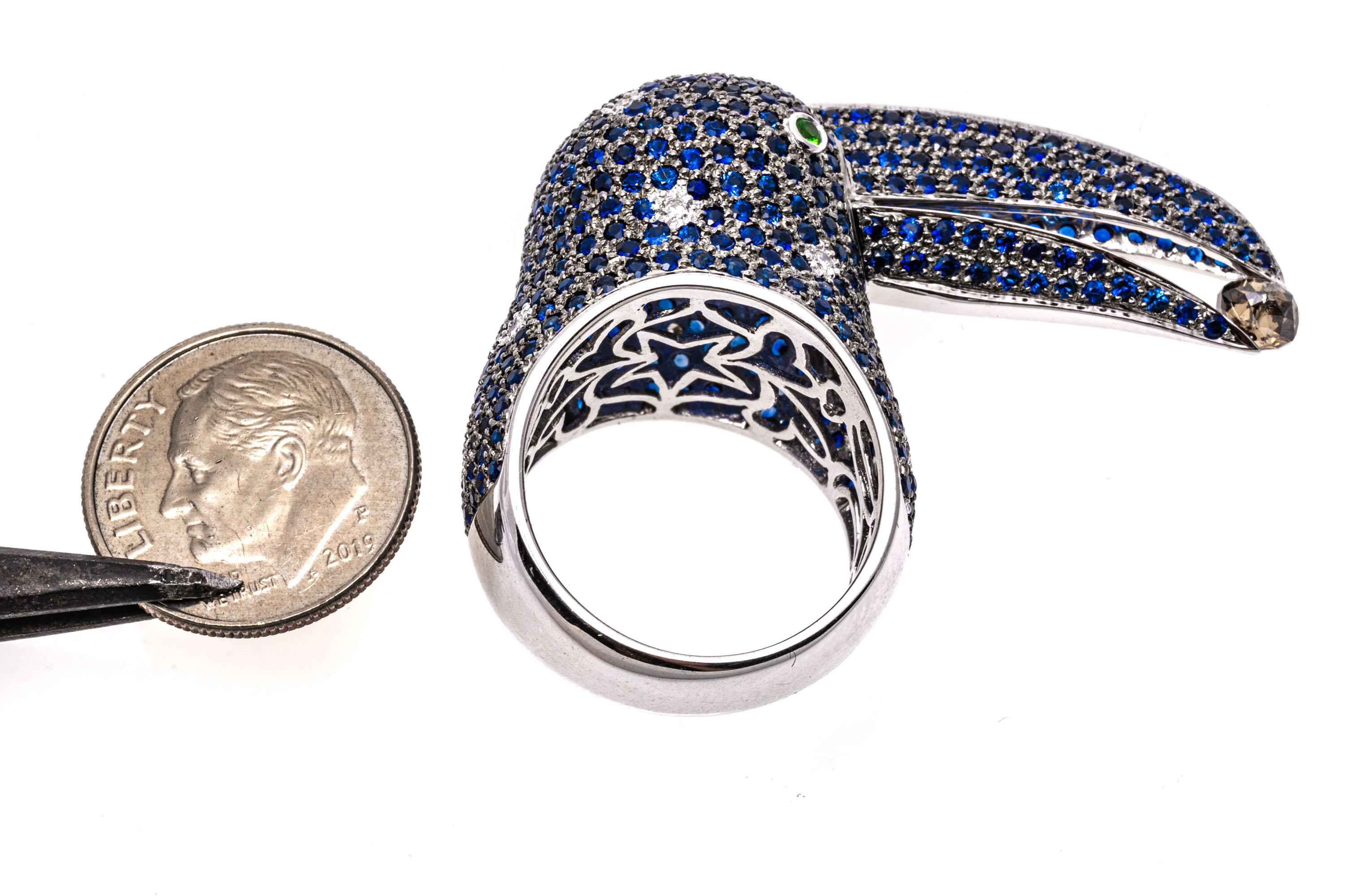 18k White Gold Pave Sapphire Toucan Ring, App. 4.38 TCW, With Diamonds For Sale 2