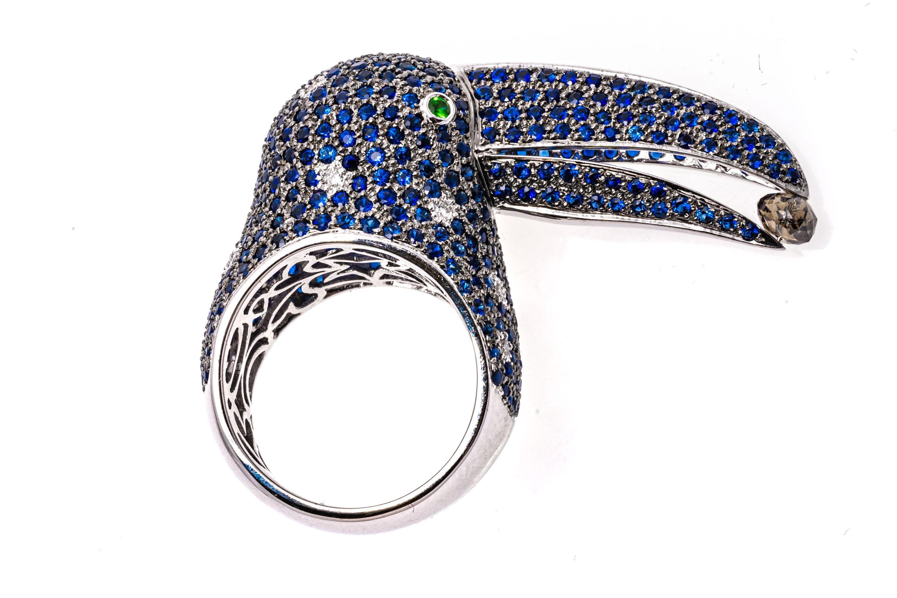 18k White Gold Pave Sapphire Toucan Ring, App. 4.38 TCW, With Diamonds For Sale 3