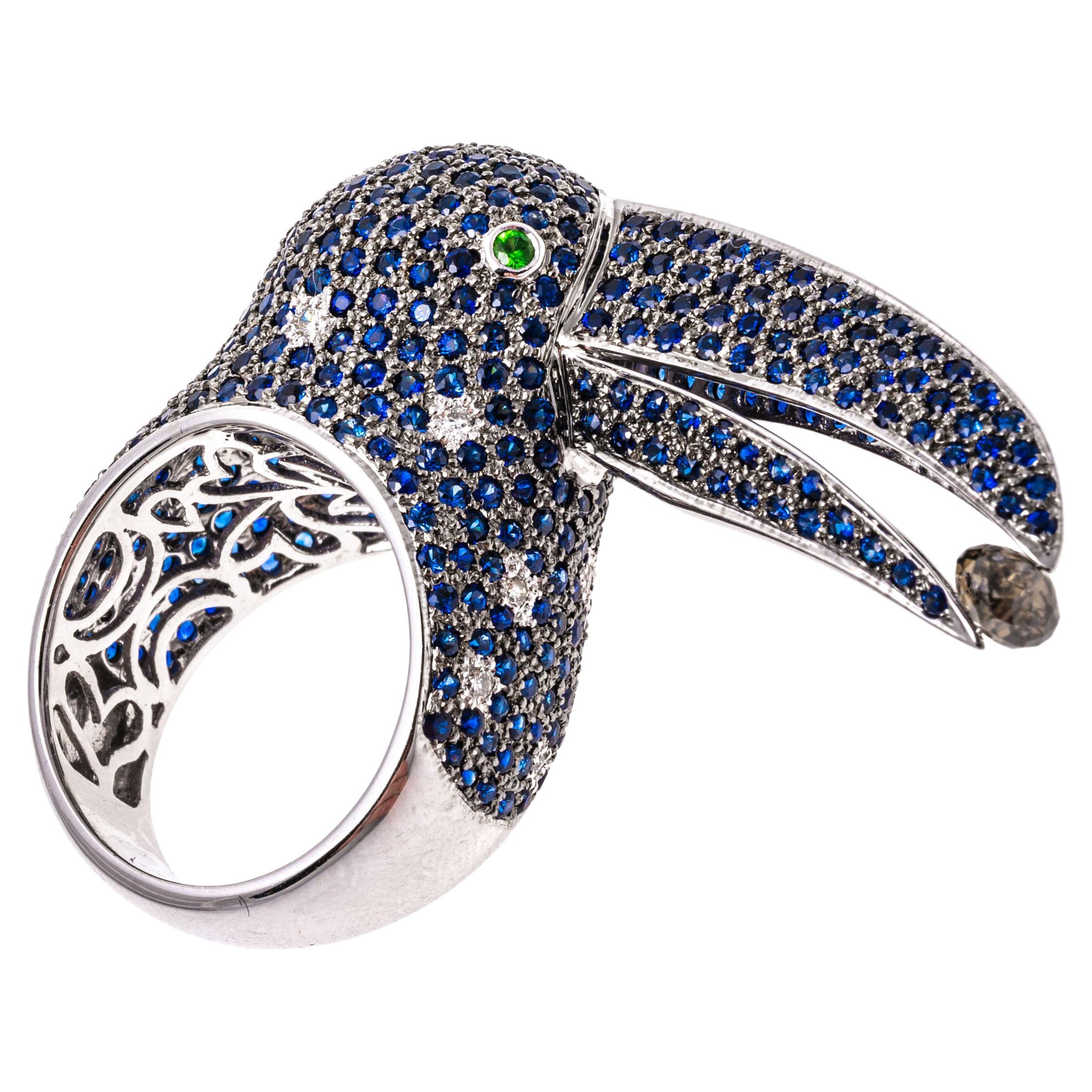 18k White Gold Pave Sapphire Toucan Ring, App. 4.38 TCW, With Diamonds For Sale