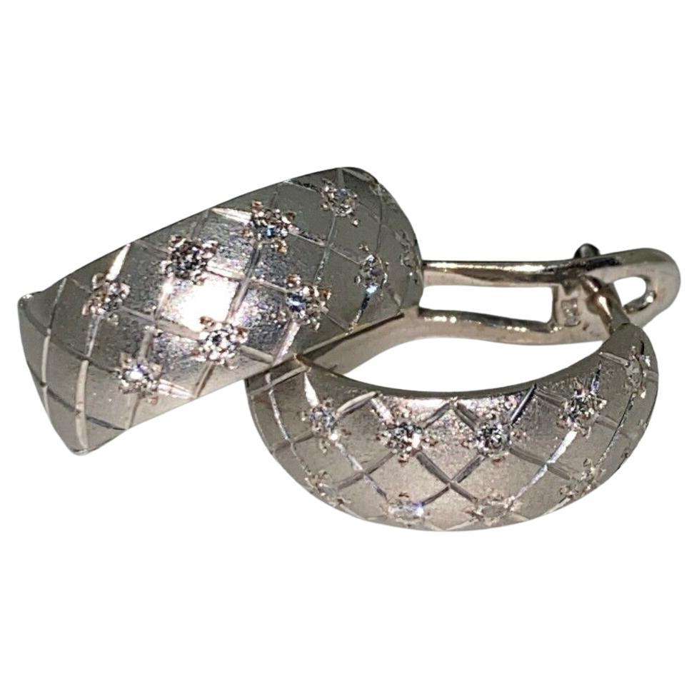 18K White Gold & Pave Set Diamond Half Hoop Earrings. For Sale