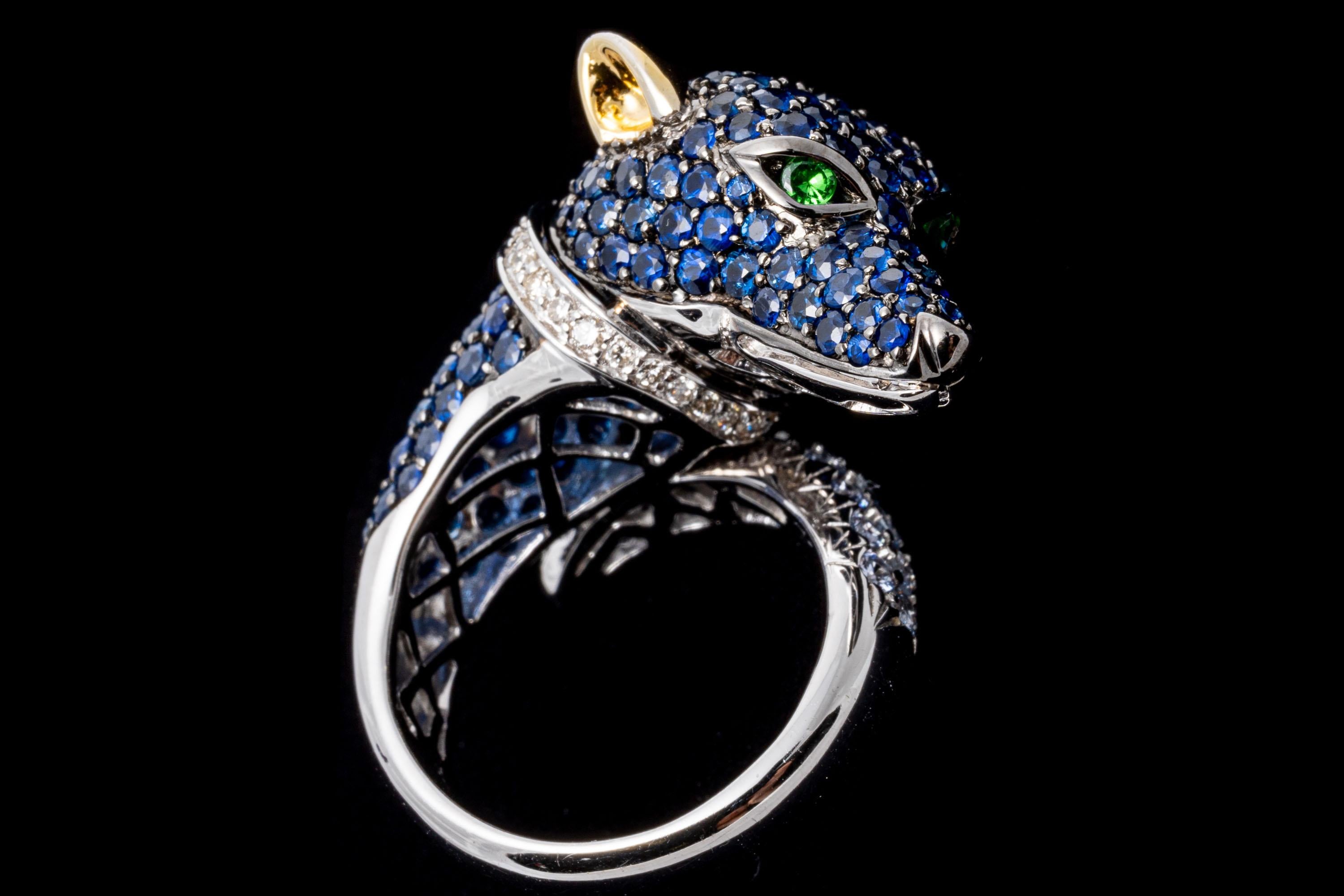 18k White Gold Pave Set Sapphire, Diamond And Tsavorite Dog Ring, Size 7.25 For Sale 2