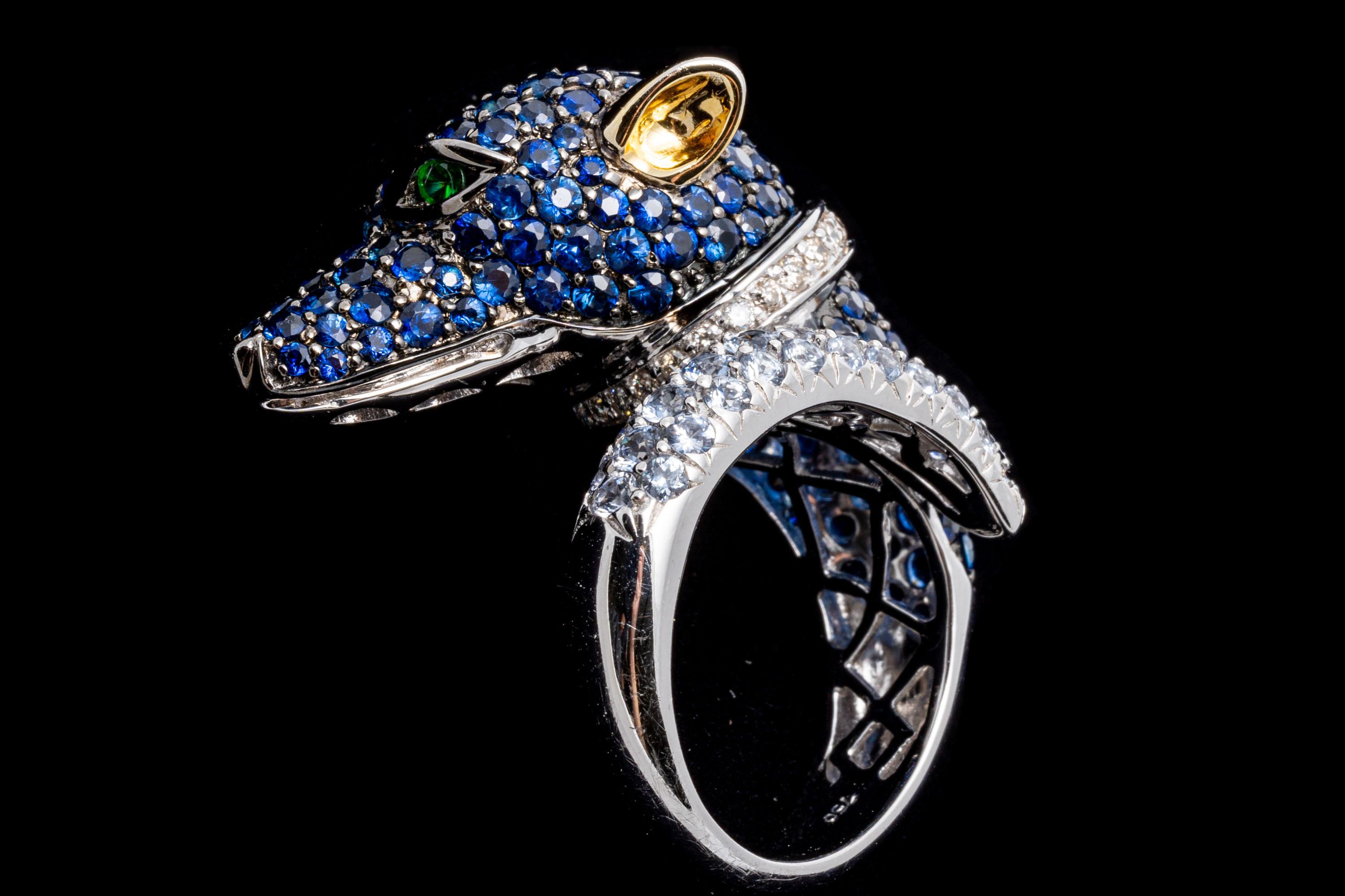 18k White Gold Pave Set Sapphire, Diamond And Tsavorite Dog Ring, Size 7.25 For Sale 3