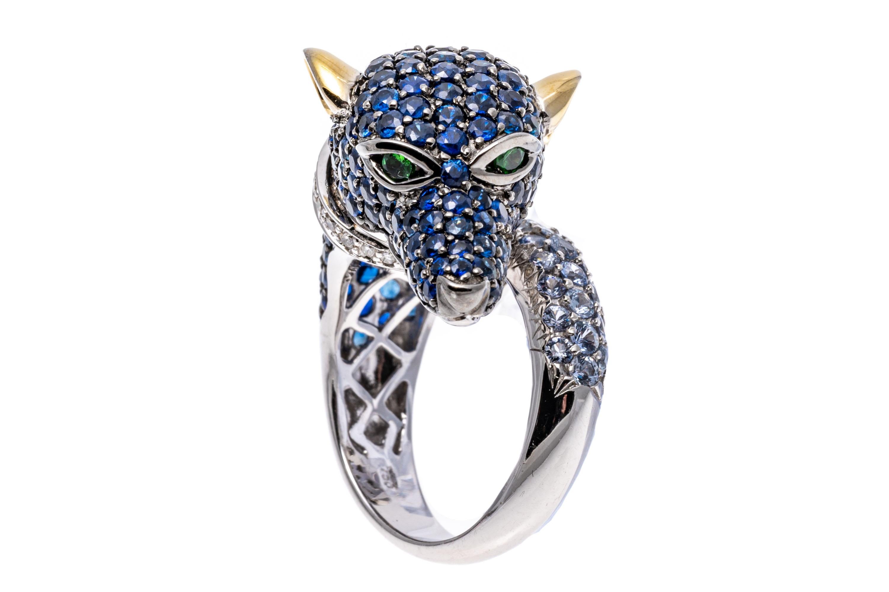 Round Cut 18k White Gold Pave Set Sapphire, Diamond And Tsavorite Dog Ring, Size 7.25 For Sale