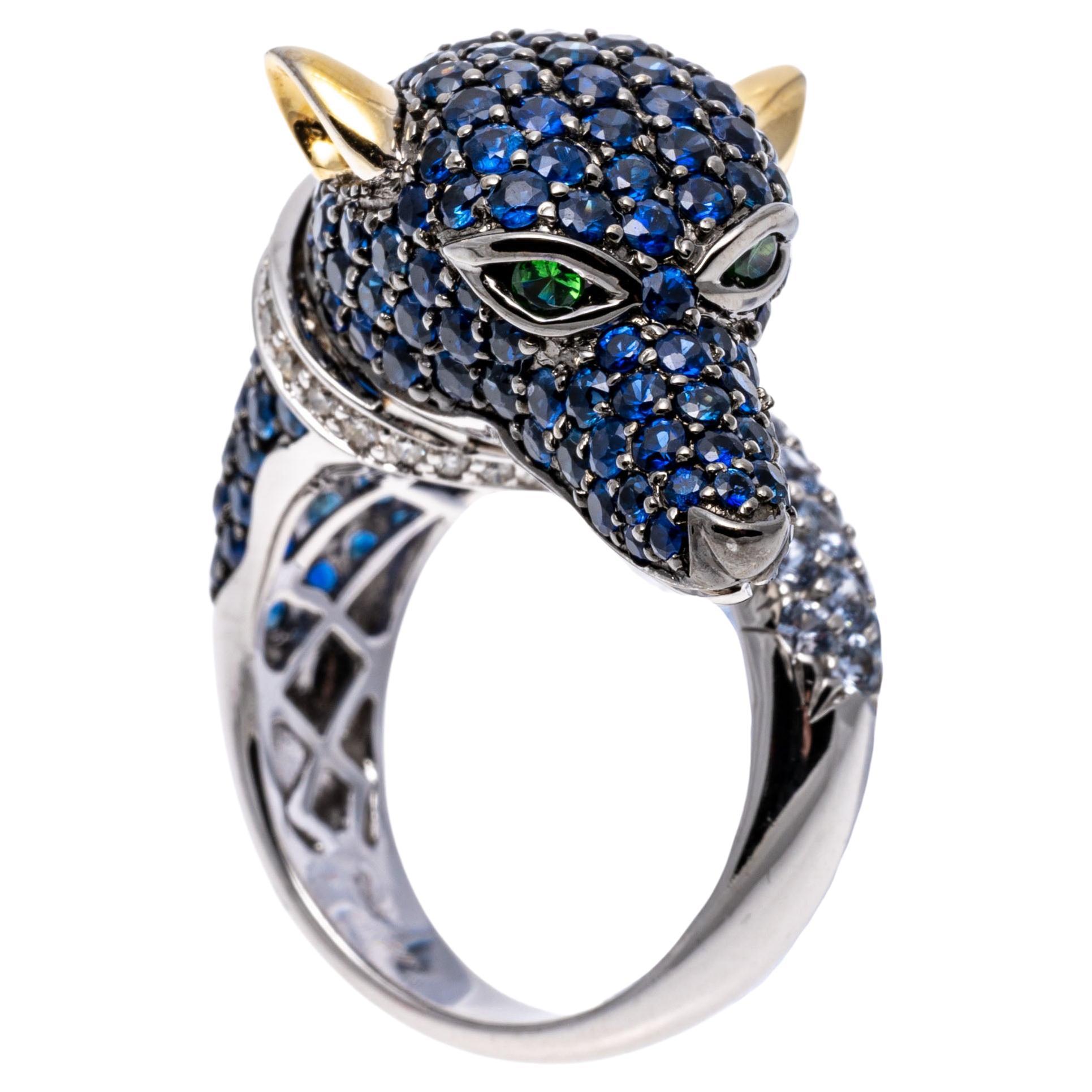 18k White Gold Pave Set Sapphire, Diamond And Tsavorite Dog Ring, Size 7.25 For Sale