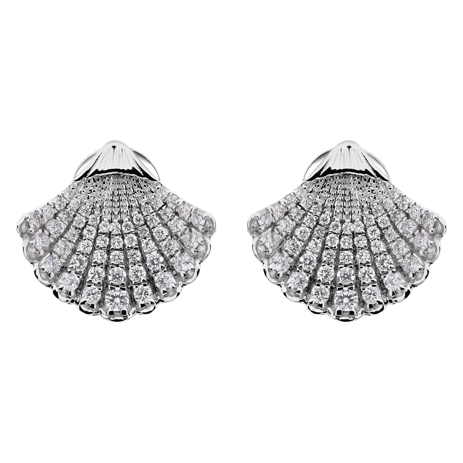 18K White Gold Pave SI/H Diamond Scallop Shell Stud Earrings