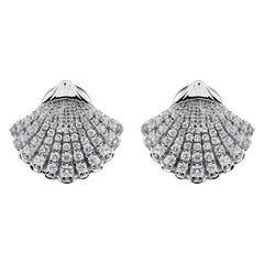 18K White Gold Pave SI/H Diamond Scallop Shell Stud Earrings