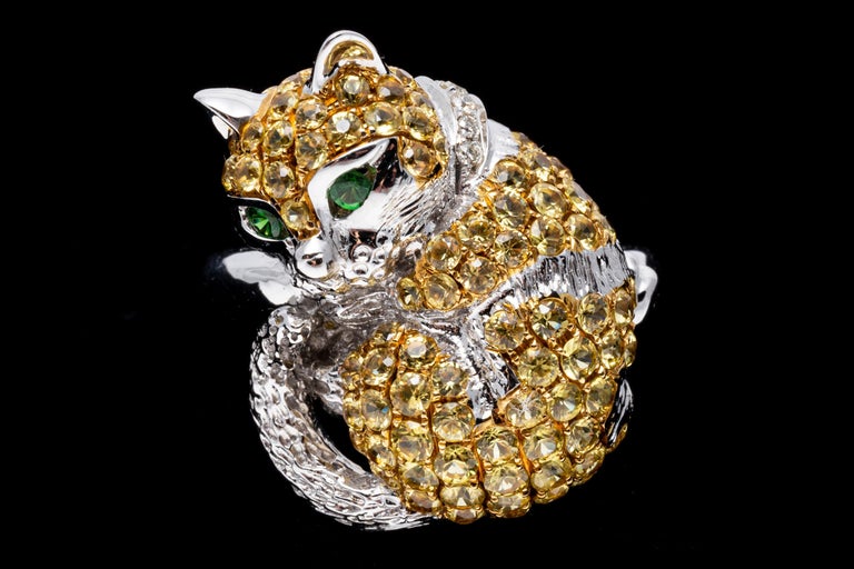 18k White Gold Pave Yellow Topaz, Tsavorite and Diamond Cat Ring For Sale 4