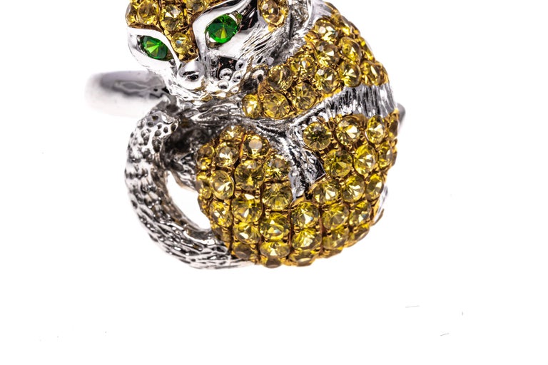 18k White Gold Pave Yellow Topaz, Tsavorite and Diamond Cat Ring For Sale 5