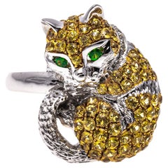 18k White Gold Pave Yellow Topaz, Tsavorite and Diamond Cat Ring