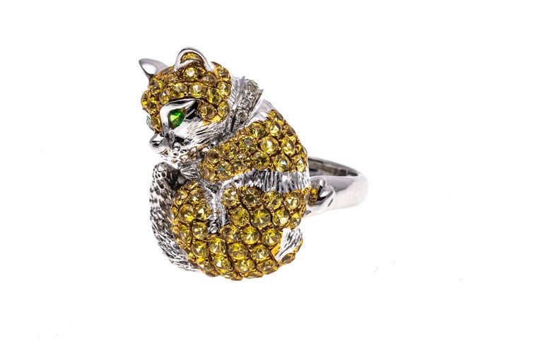 Contemporary 18k White Gold Pave Yellow Topaz, Tsavorite and Diamond Cat Ring For Sale