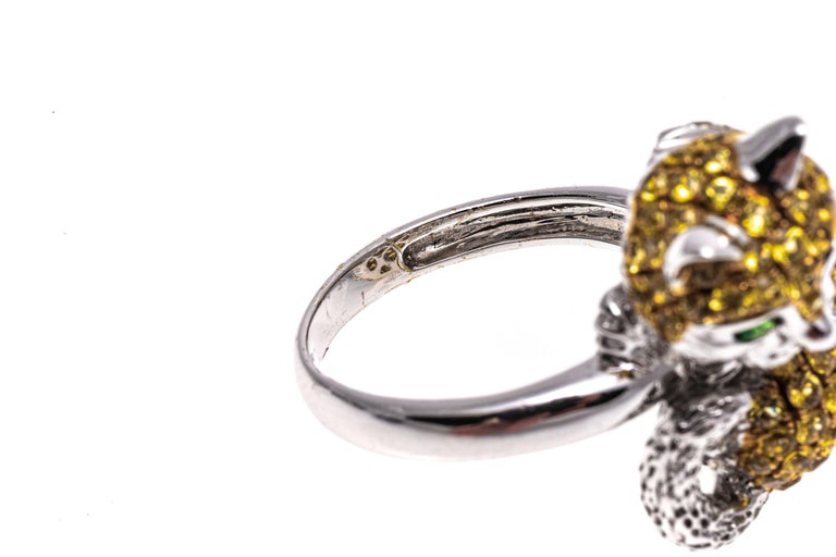 Women's 18k White Gold Pave Yellow Topaz, Tsavorite and Diamond Cat Ring For Sale