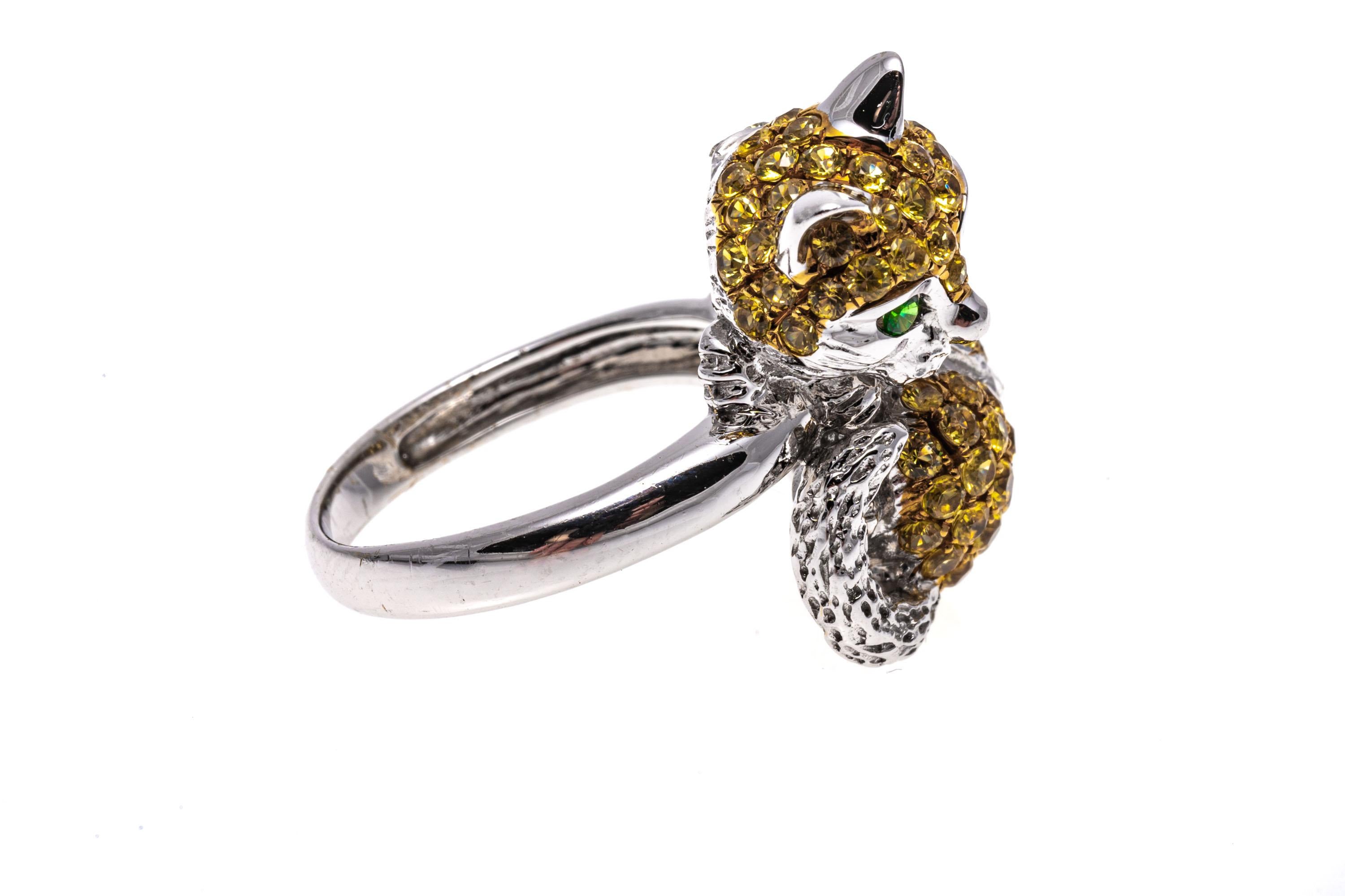 Round Cut 18k White Gold Pave Yellow Topaz, Tsavorite and Diamond Cat Ring