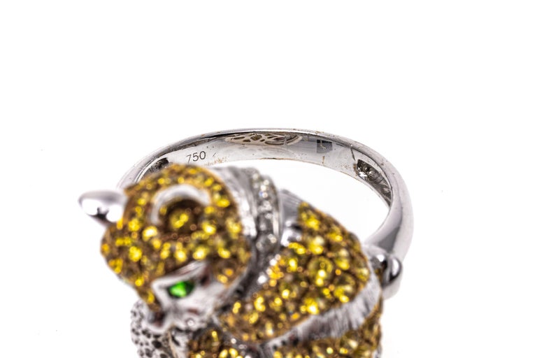 18k White Gold Pave Yellow Topaz, Tsavorite and Diamond Cat Ring For Sale 3