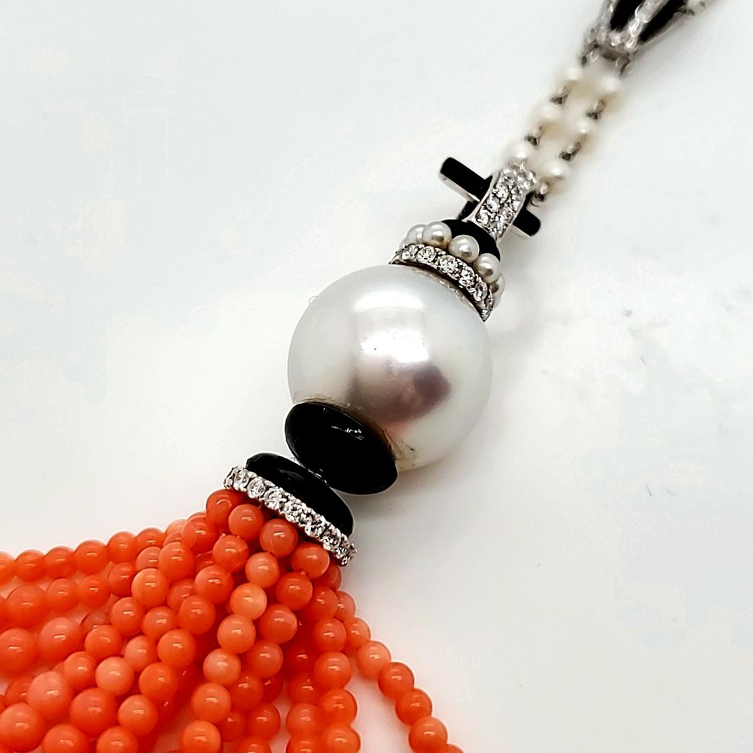Contemporary 18k White Gold Peach Pearl Cts 61.08 and Diamond Tassel Necklace For Sale
