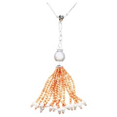 18k White Gold Peach Pearl Cts 61.08 and Diamond Tassel Necklace