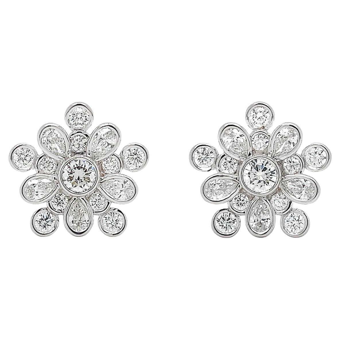18K White Gold Pear and Round Diamond Earrings For Sale