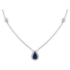 18K White Gold Pear Blue Sapphire with Diamond Halo Necklace