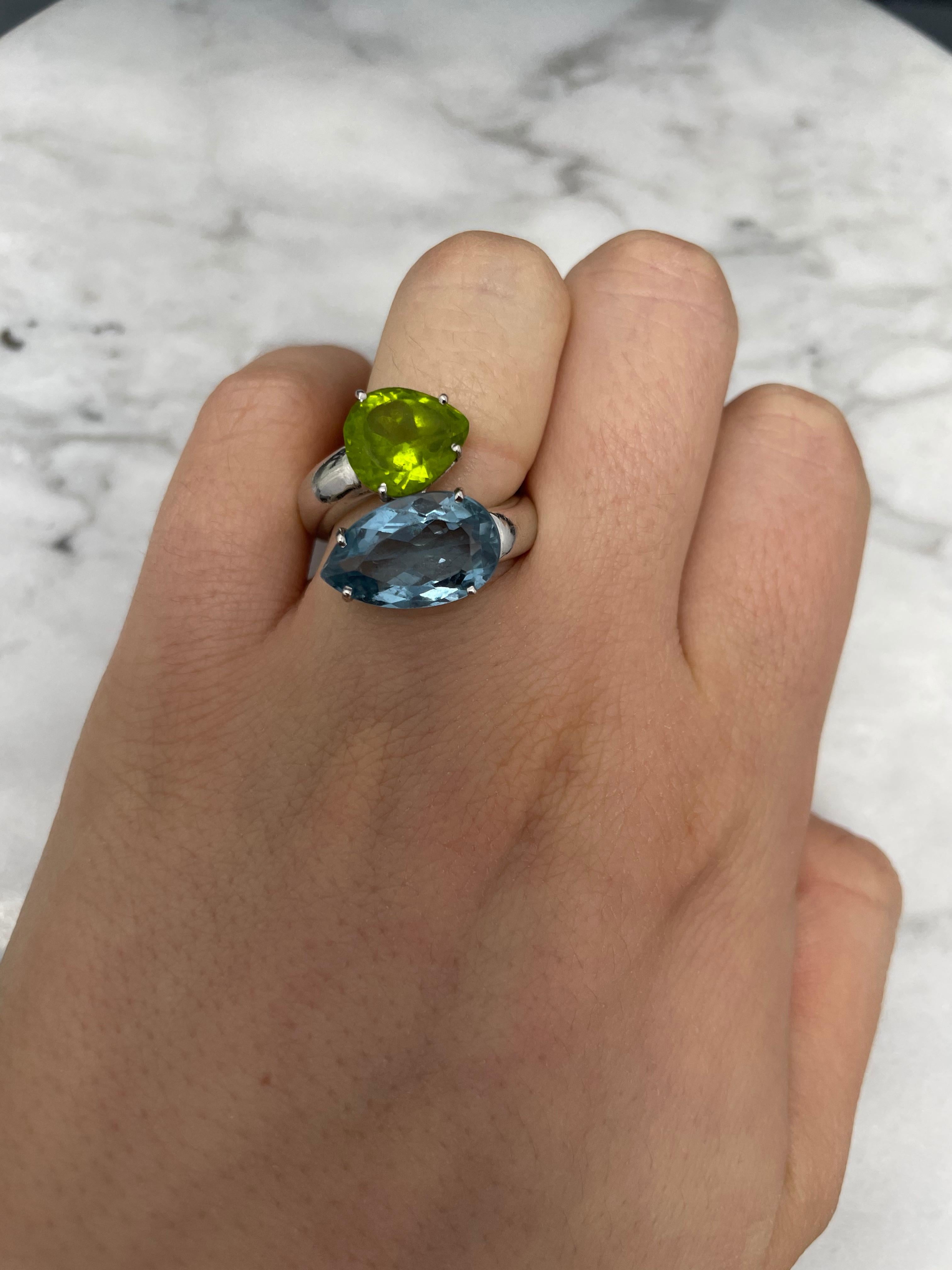 18K White Gold Pear cut Blue Topaz and Peridot Ring

Size 6.75

Grams 10.6