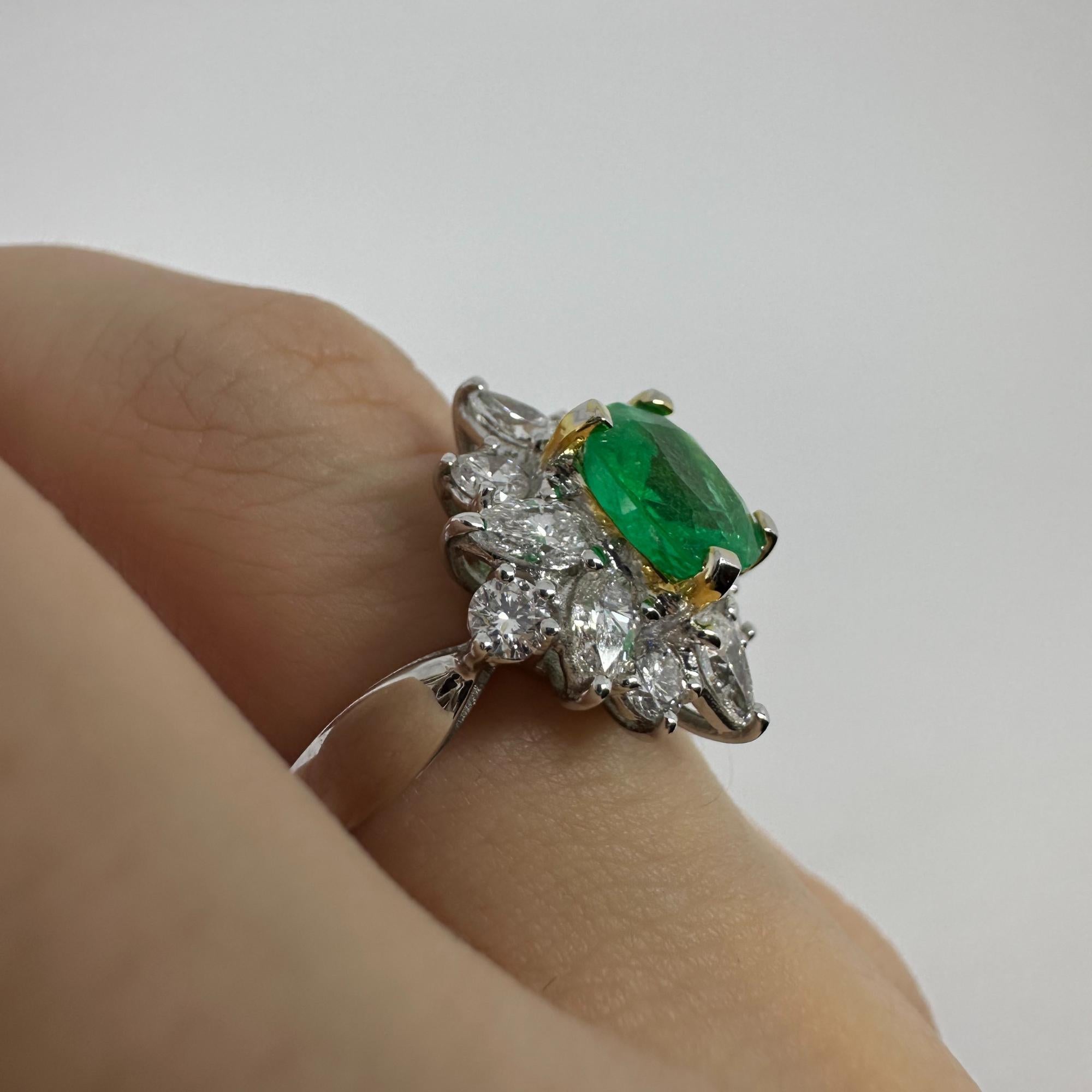 18K White Gold Pear Cut Diamond and Emerald Ring For Sale 6