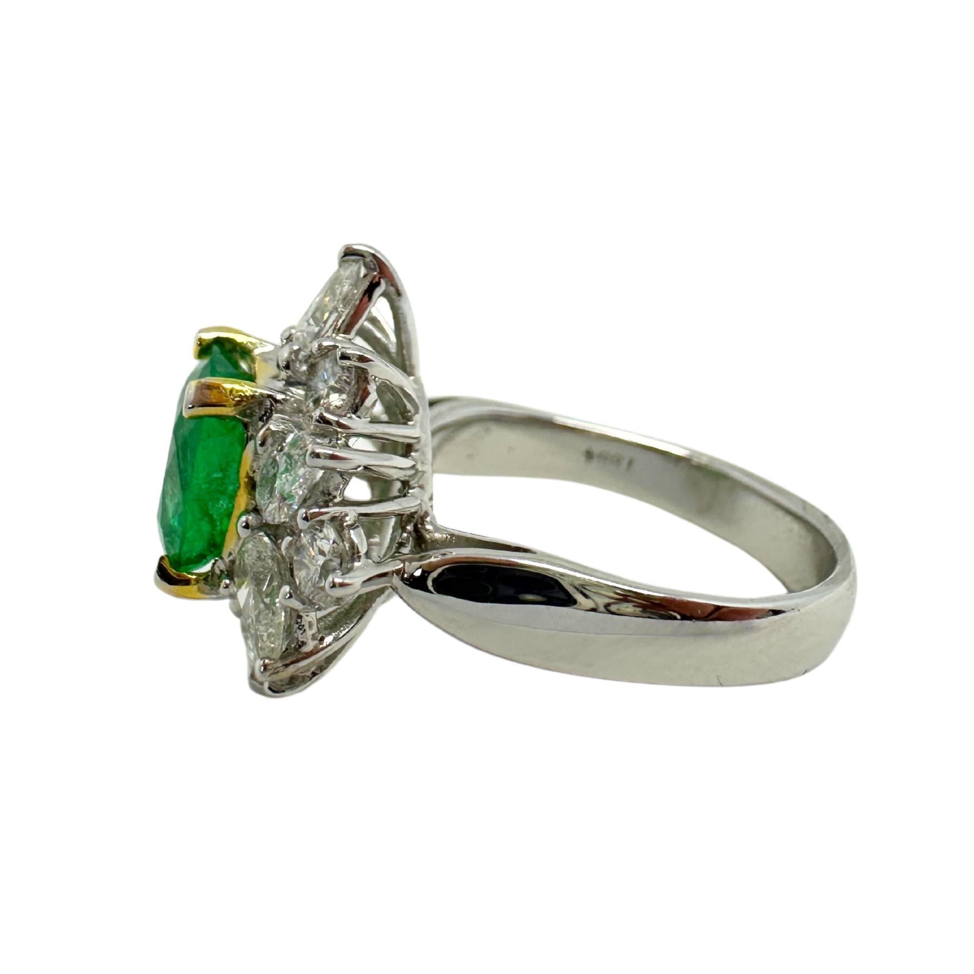 18K White Gold Pear Cut Diamond and Emerald Ring For Sale 3
