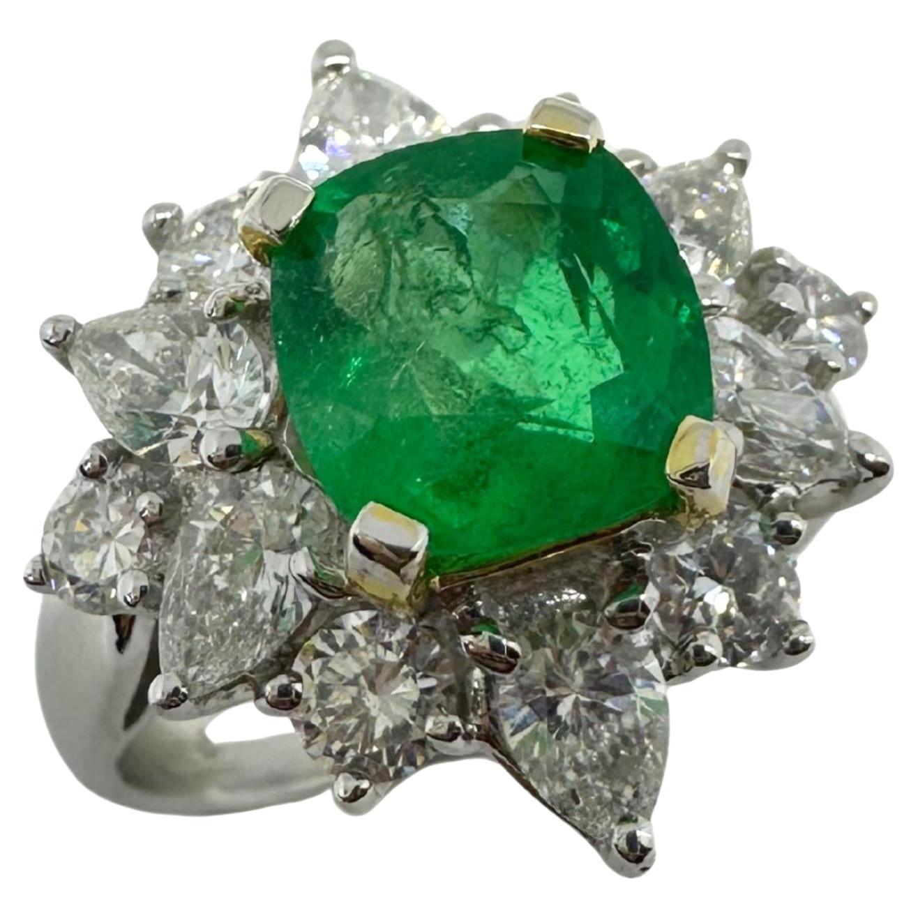 18K White Gold Pear Cut Diamond and Emerald Ring
