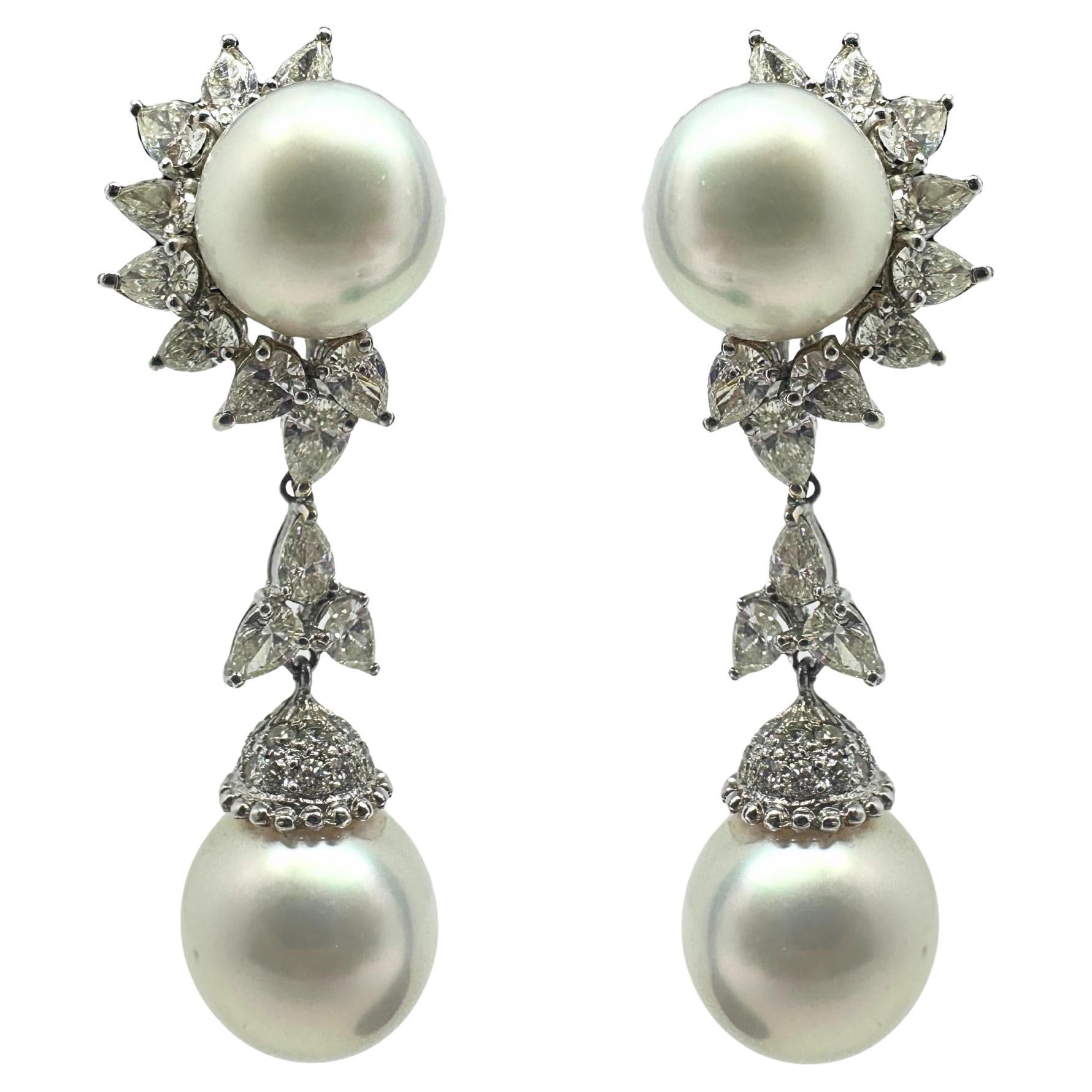 18K White Gold Pear Cut Diamond and Pearl Sunburst Drop Earrings