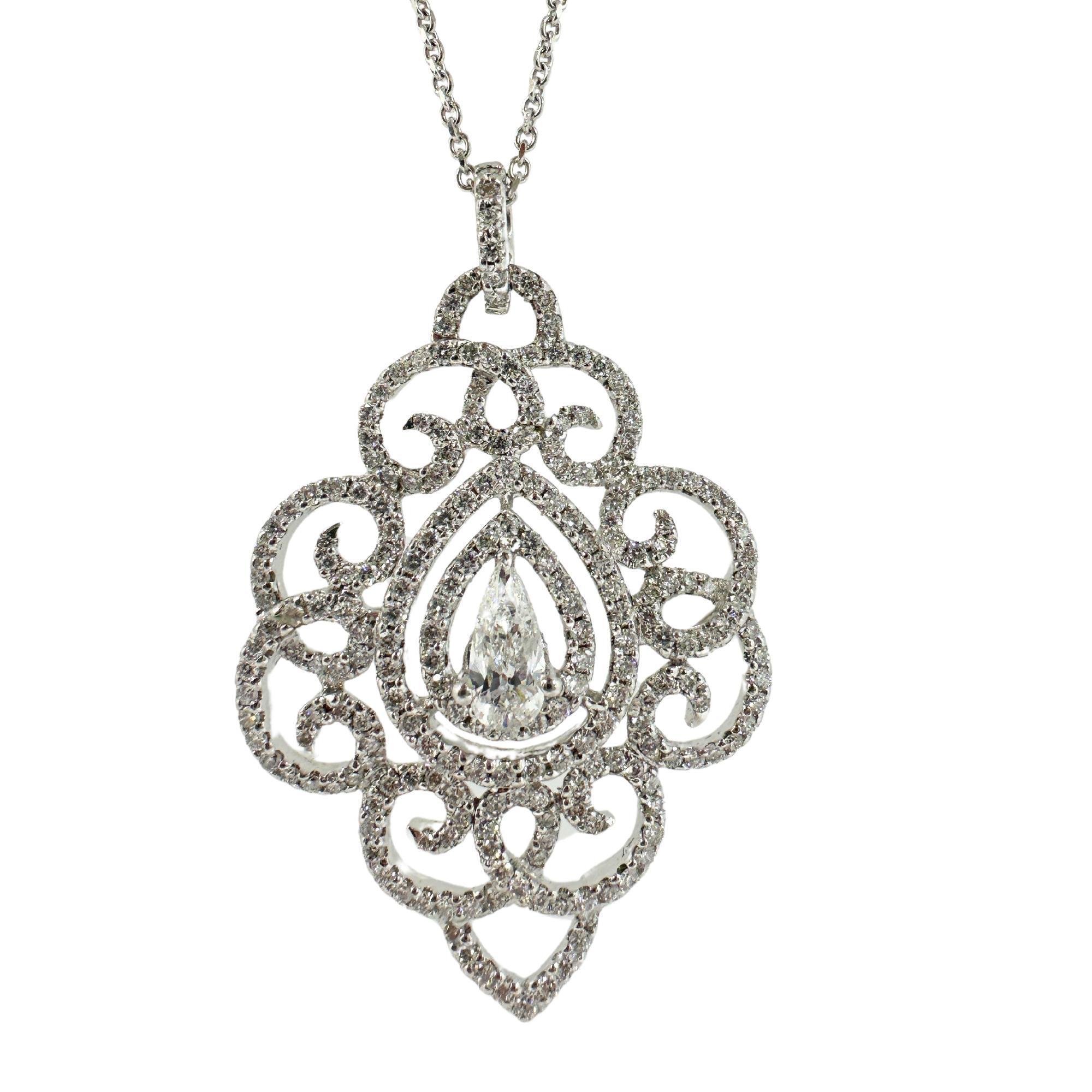 Mixed Cut 18K White Gold Pear Cut Diamond Pendant Necklace For Sale