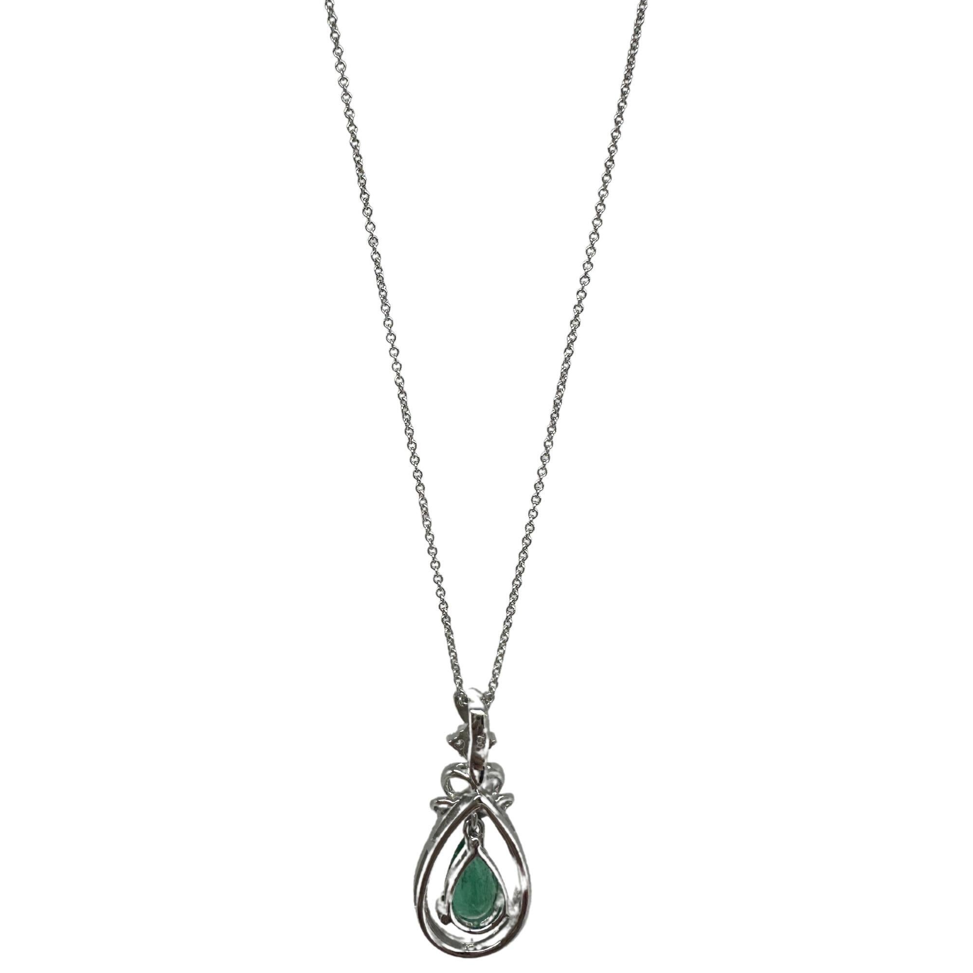 Women's 18K White Gold Pear Cut Emerald and Diamond Pendant Necklace For Sale
