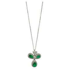 18K White Gold Pear Cut Emerald and Diamond Pendant Necklace