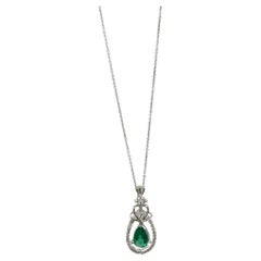 18K White Gold Pear Cut Emerald and Diamond Pendant Necklace