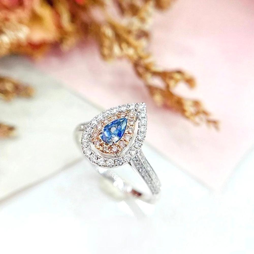 Pear Cut 18K White Gold Pear-Cut Fancy Blue Diamond & Diamond Ring For Sale