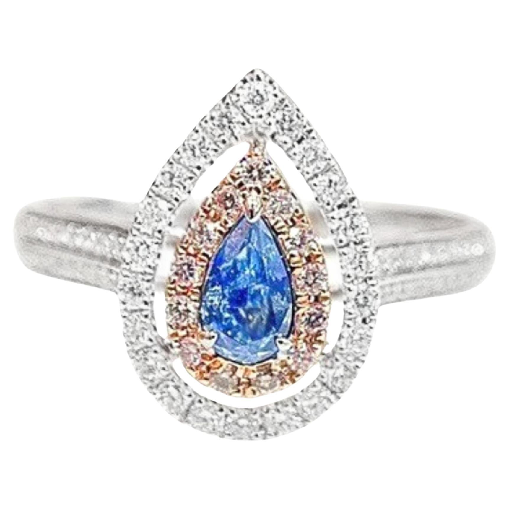 18K White Gold Pear-Cut Fancy Blue Diamond & Diamond Ring For Sale