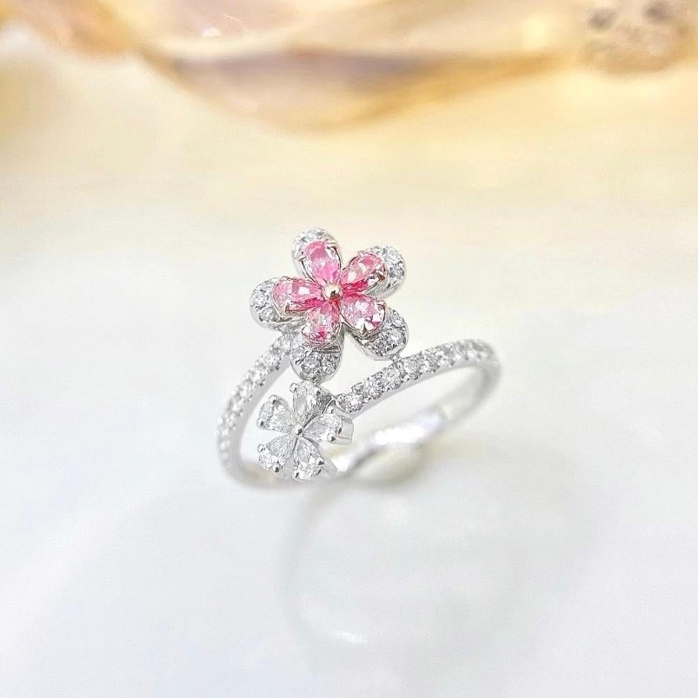 Pear Cut 18K White Gold Pear-Cut Fancy Pink Diamond & Diamond Flower Ring For Sale
