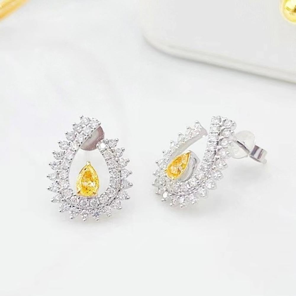 Pear Cut 18K White Gold Pear-Cut Fancy Yellow Diamond & Diamond Stud Earrings For Sale