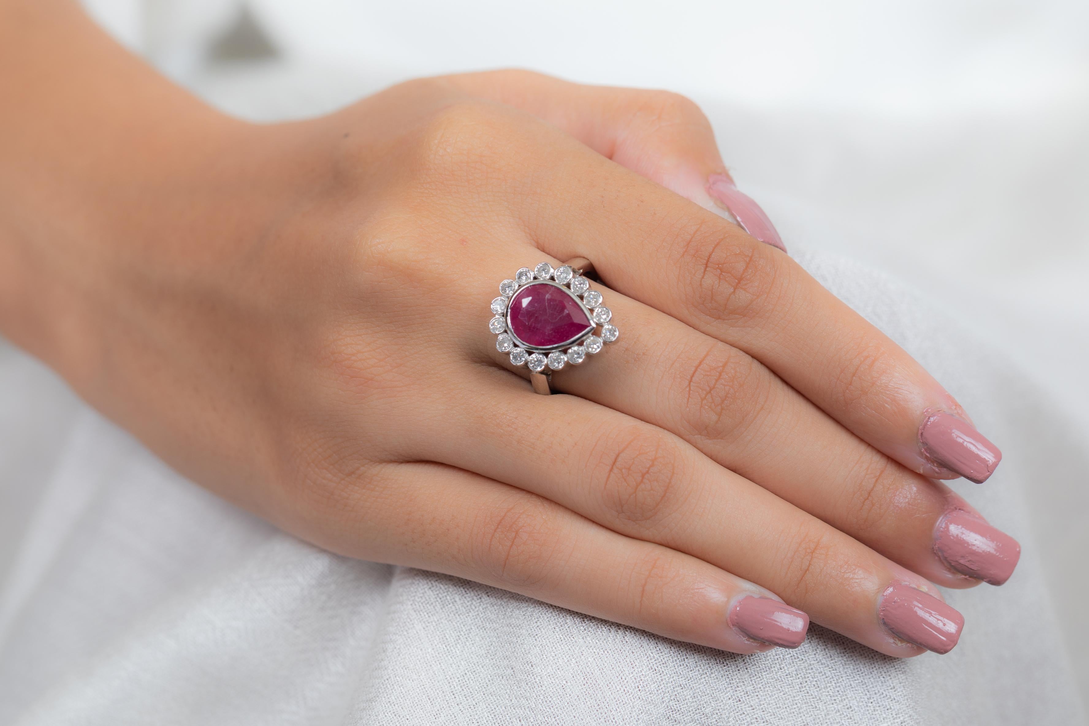 For Sale:  18K White Gold Pear Cut Ruby Cocktail Ring with Diamonds 7