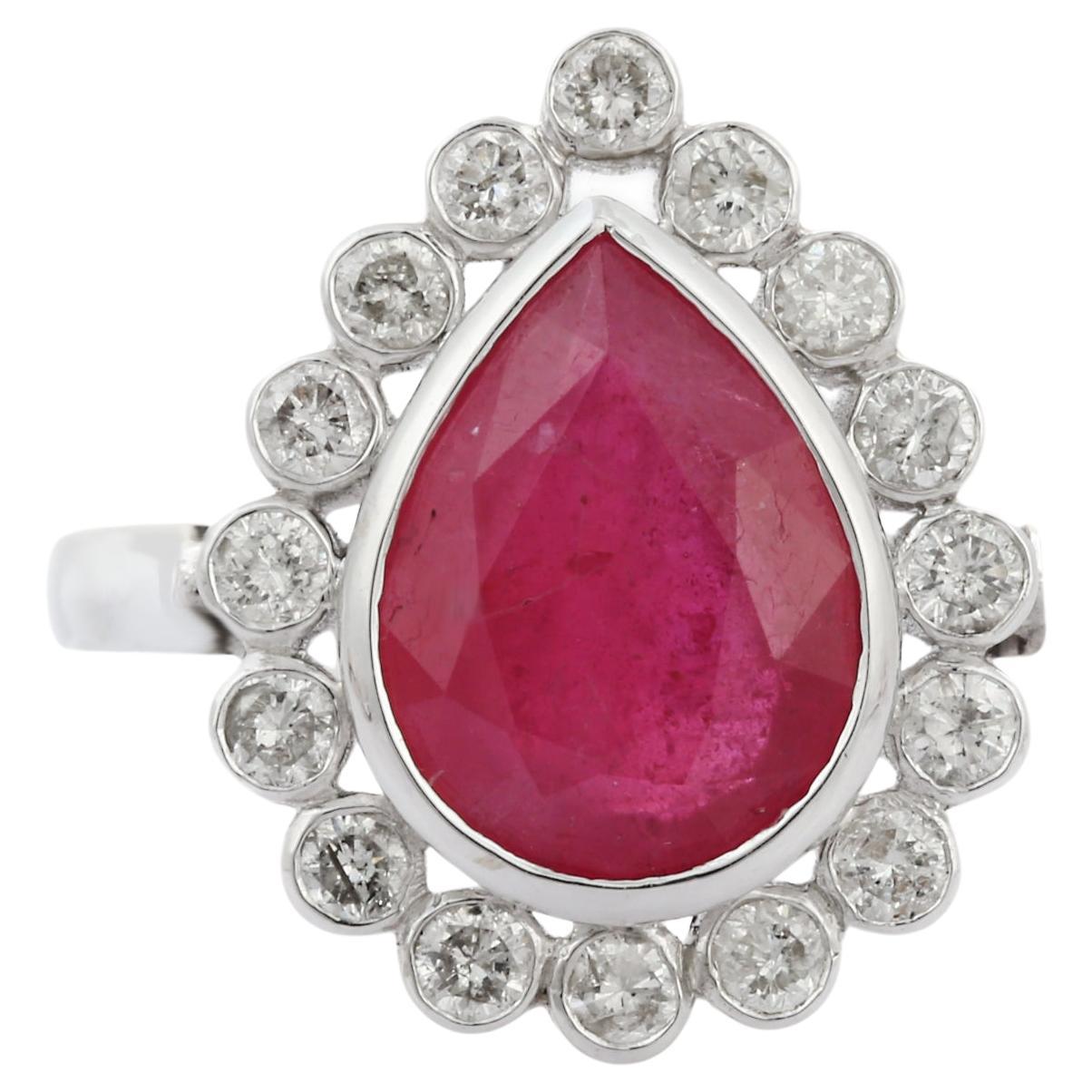 18K White Gold Pear Cut Ruby Cocktail Ring with Diamonds