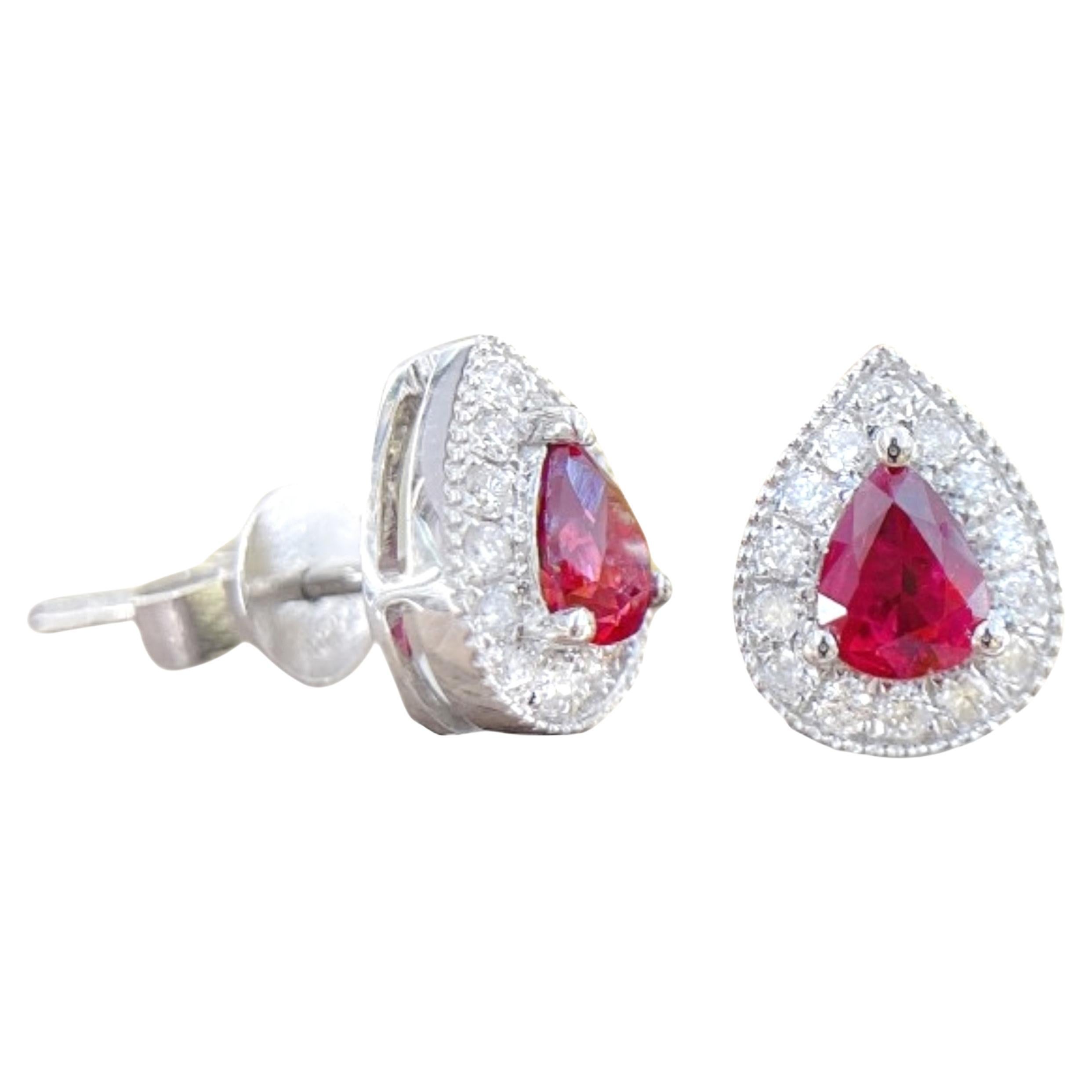 18K White Gold Pear-Cut Ruby Diamond Stud Earrings