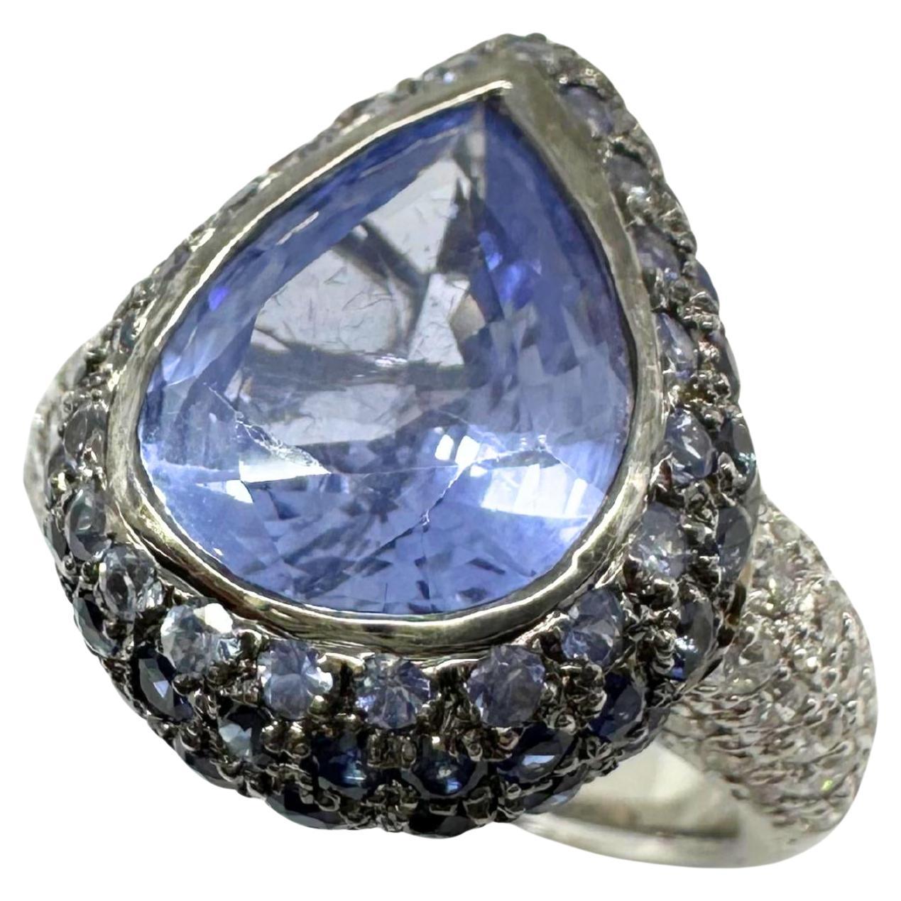 18K White Gold Pear Cut Sapphire and Diamond Ring
