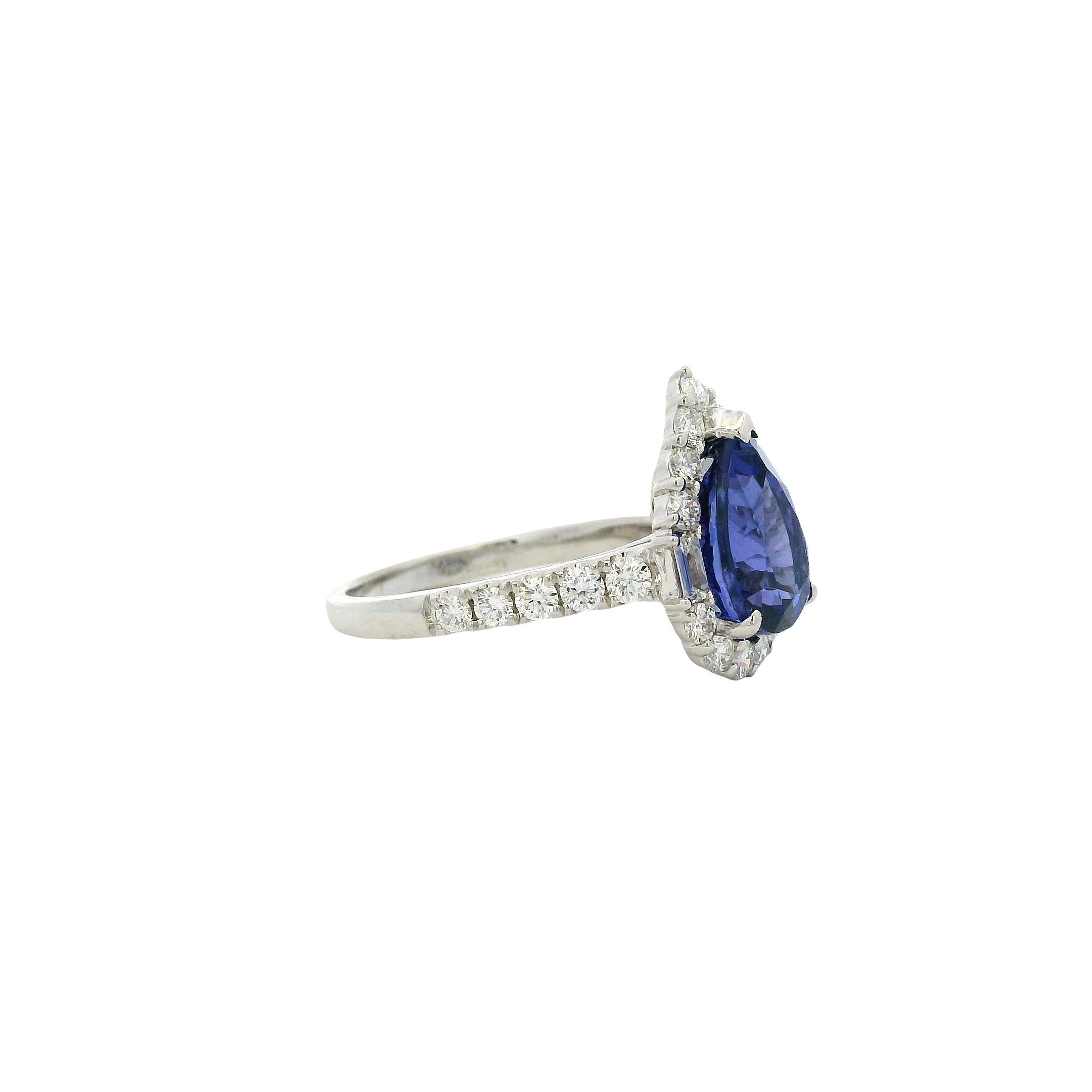 18k Weißgold Tansanit im Birnenschliff und Baguette und runder Diamant Verlobungsring im Angebot 4