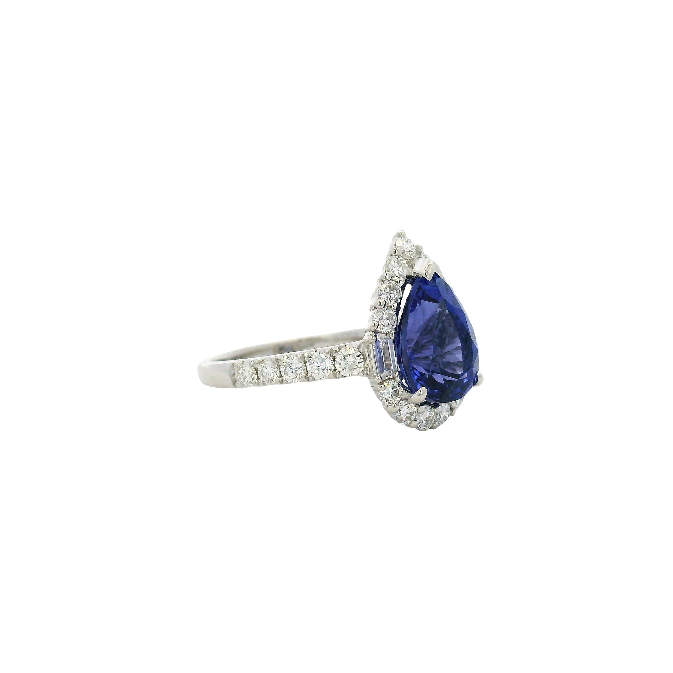 18k Weißgold Tansanit im Birnenschliff und Baguette und runder Diamant Verlobungsring im Angebot 5