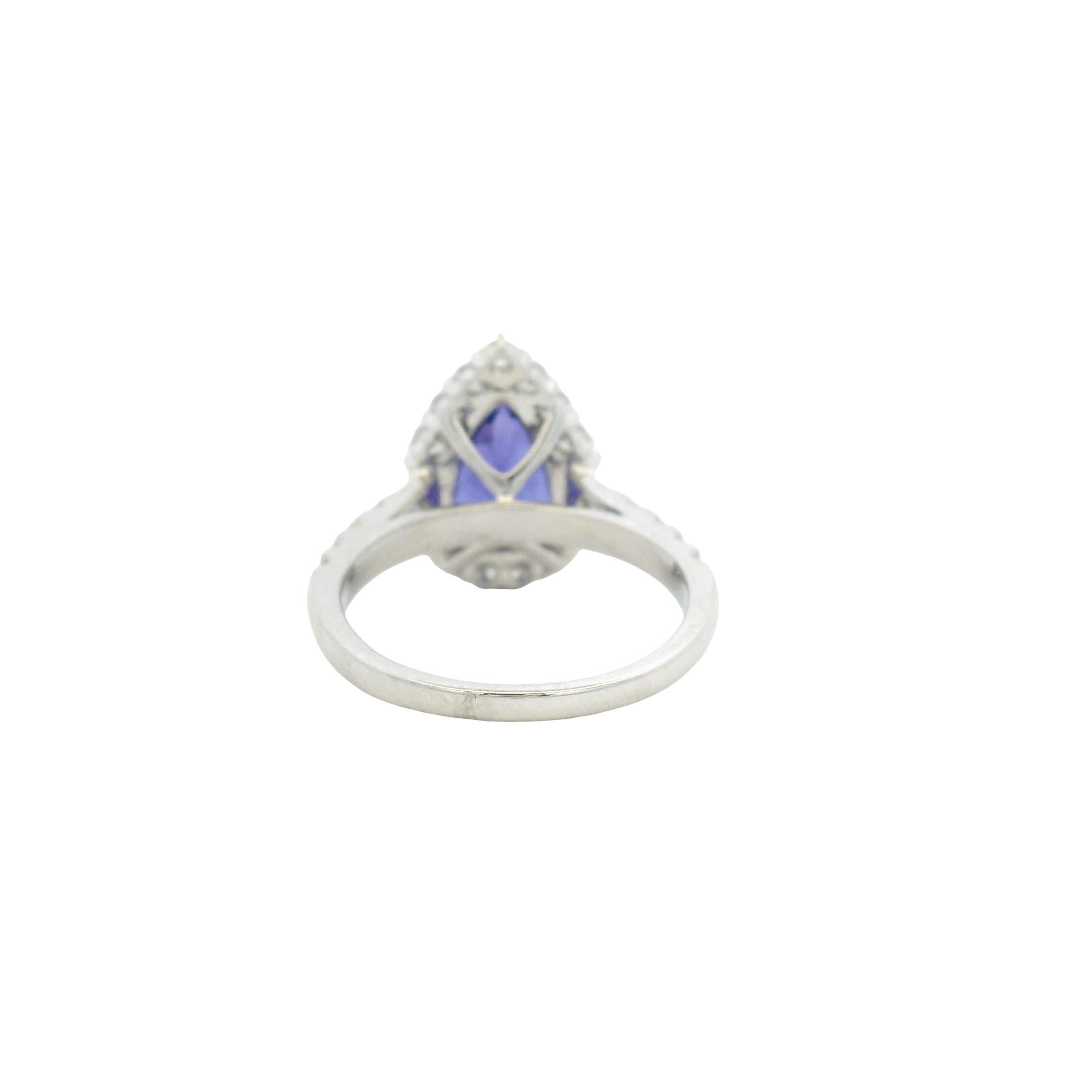 18k Weißgold Tansanit im Birnenschliff und Baguette und runder Diamant Verlobungsring (Tropfenschliff) im Angebot