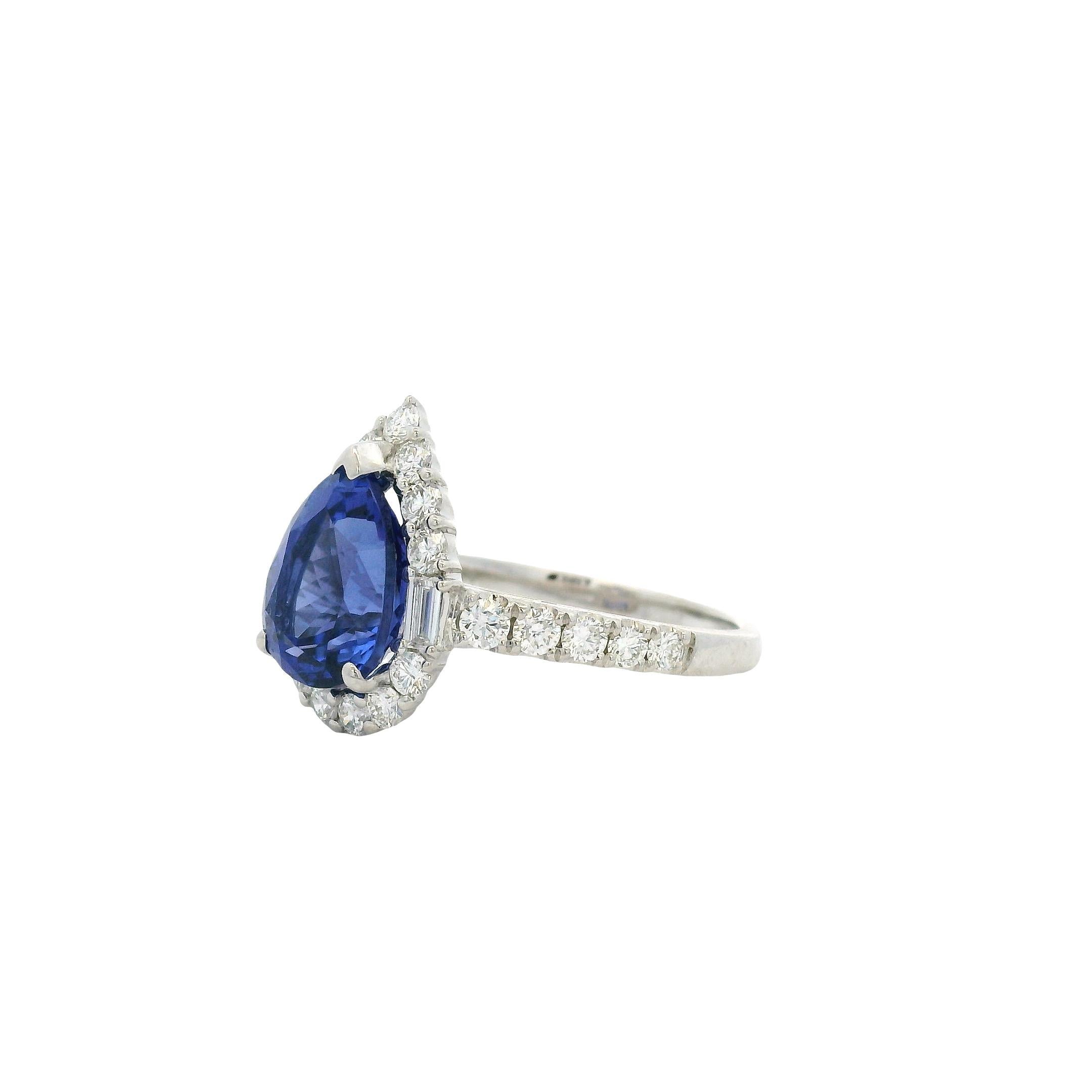 18k Weißgold Tansanit im Birnenschliff und Baguette und runder Diamant Verlobungsring im Angebot 2