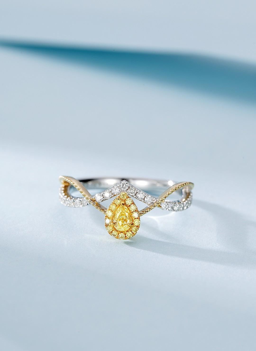 Pear Cut 18K White Gold Pear-Cut Yellow Diamond & Diamond Ring For Sale