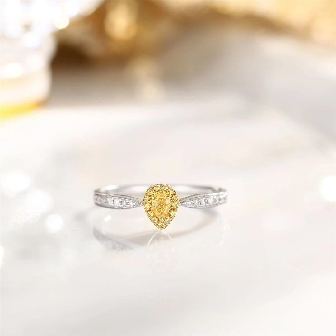 Pear Cut 18K White Gold Pear-Cut Yellow Diamond Ring with Diamonds For Sale
