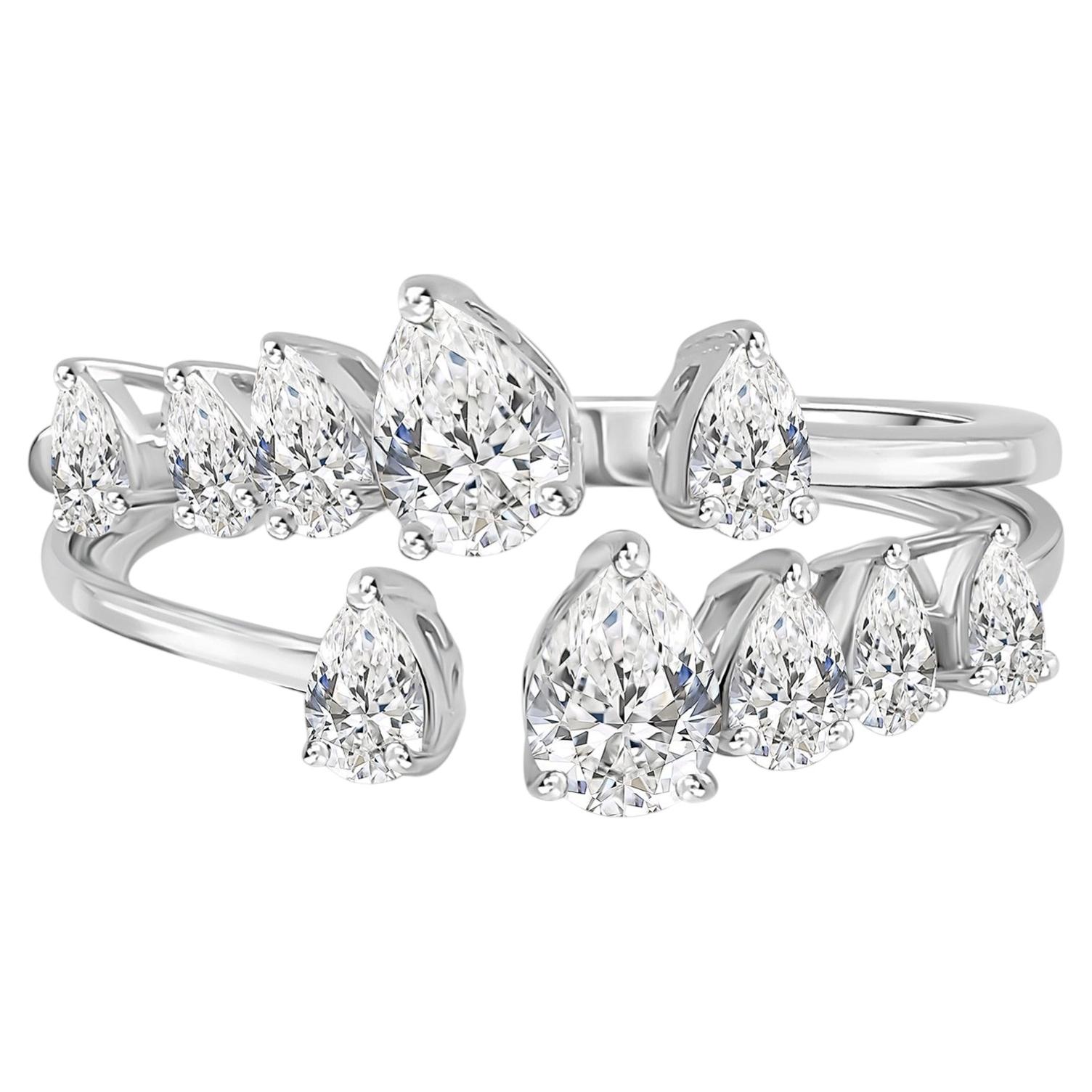 18K White Gold Pear Diamond Open Wrap Ring 1.12 Ct SI Fine Statement Jewelry