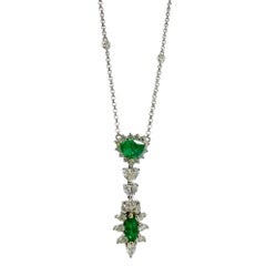 18k White Gold Pear Heart Cut Diamond and Marquise Trillion Cut Emerald Necklace