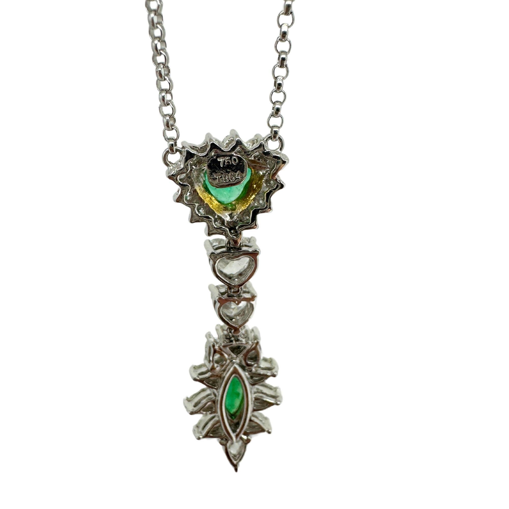 Women's 18k White Gold Pear Heart Cut Diamond and Marquise Trillion Cut Emerald Necklace For Sale