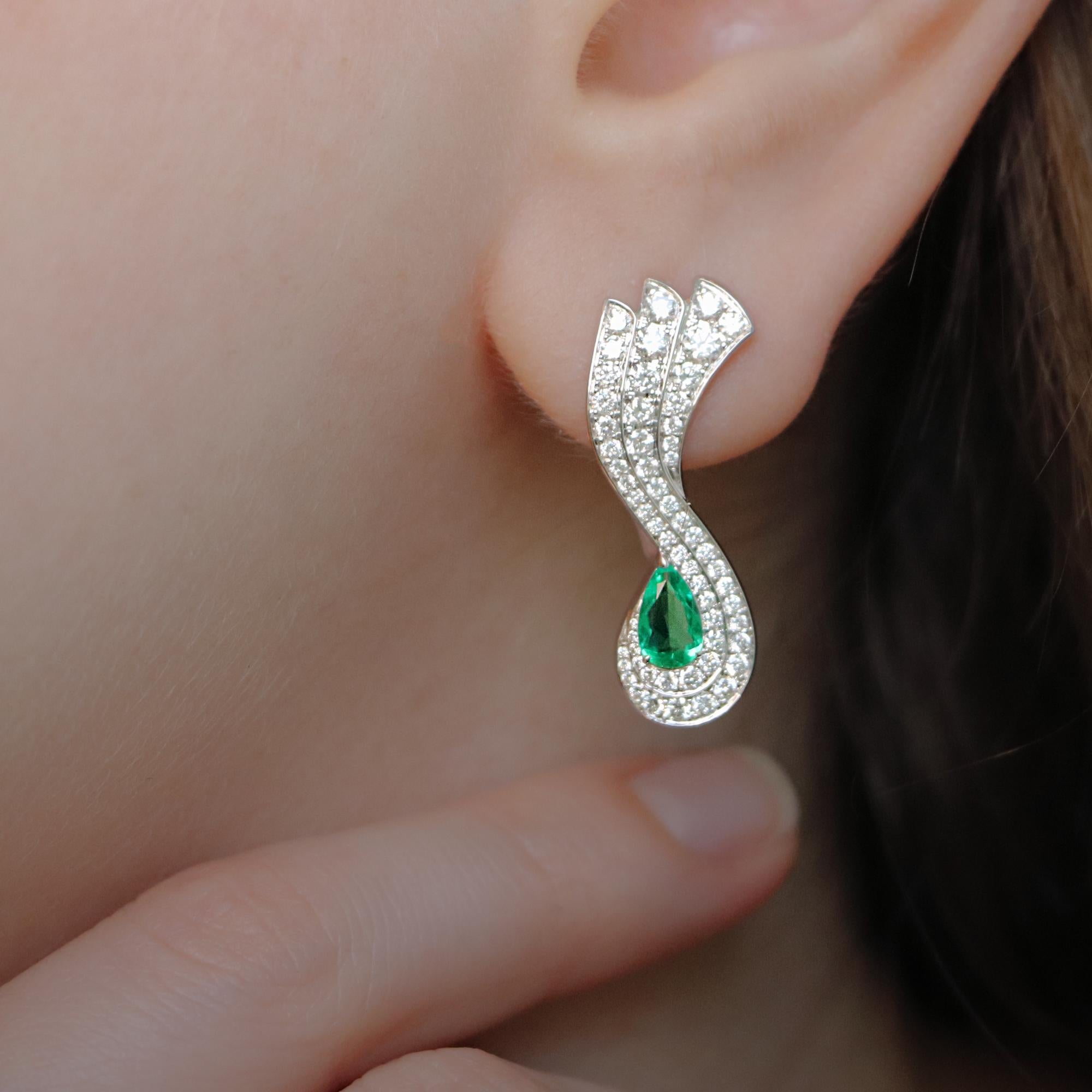 Pear Cut 18K White Gold Pear Shape Emerald and Diamond Earrings For Sale